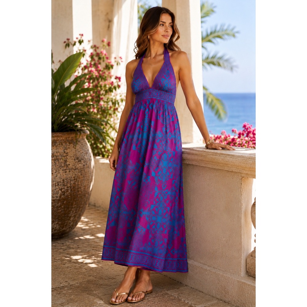 Alice & Trixie 100% Silk Print Halter Maxi Dress Resort Boho Vacation Sz M
